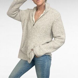 Natural Reflections | Beige Sherpa Fleece Quarter Zip Kangaroo Pocket Sweater
